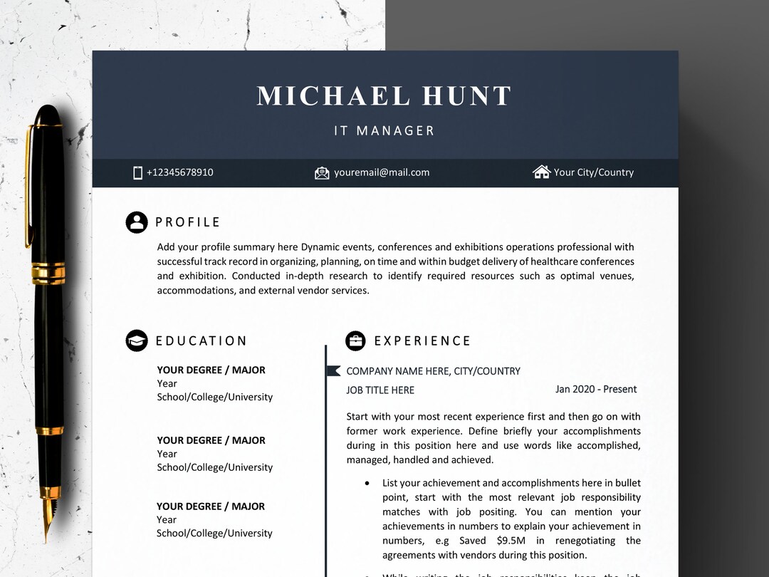 Modern Resume Template, Professional Executive CV Template 2022 With ...