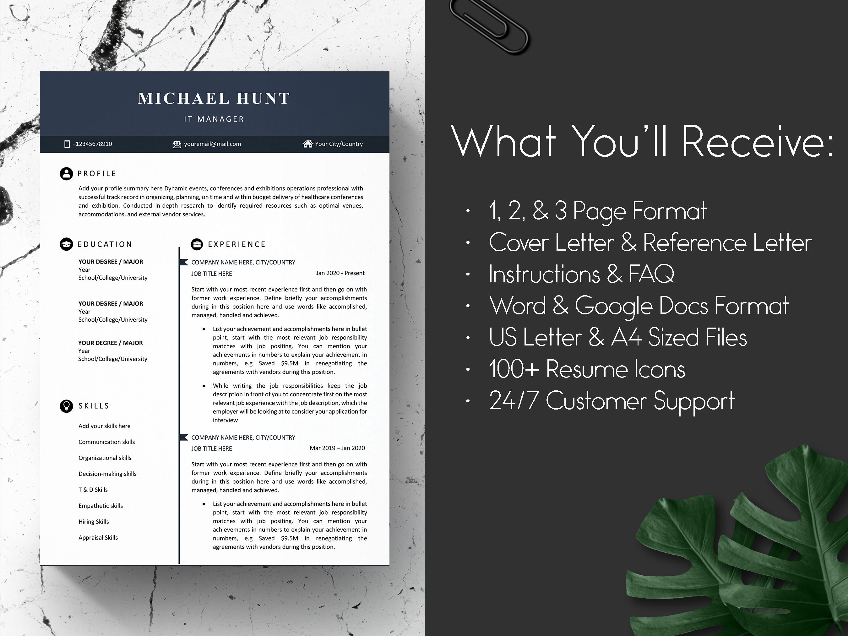 Modern Resume Template, Professional Executive CV Template 2022 With ...