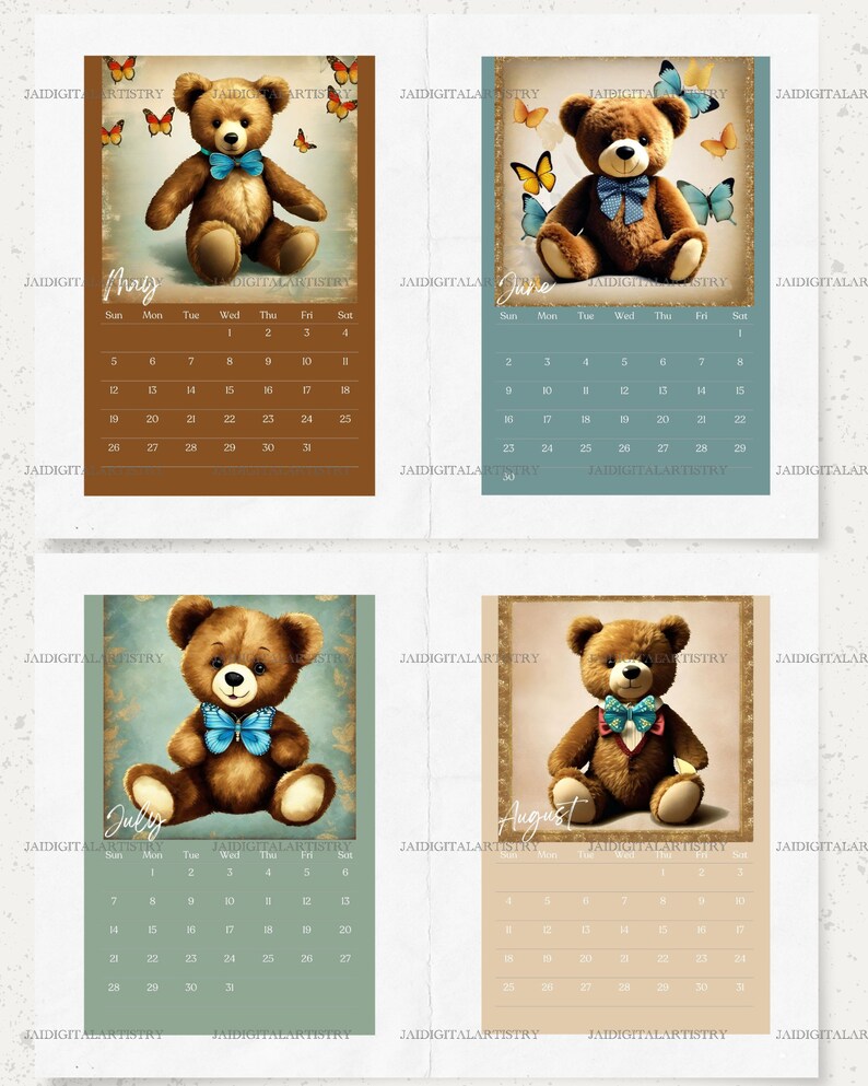 2025 Printable Vintage Teddy Bear Calendar Nostalgic Decor Etsy