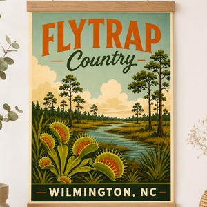 May include: A vertical wall hanging poster featuring a landscape illustration of a marsh with Venus flytrap plants in the foreground. The text reads FLYTRAP Country and WILMINGTON, NC. The poster is held by a light wood frame with a string hanger.