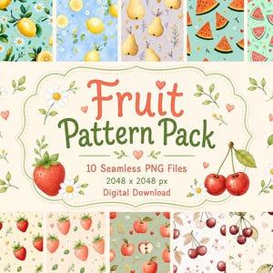 Seamless Fruit Patterns PNG — Watercolor Digital Paper Set for Scrapbooking, Stationery & Stickers