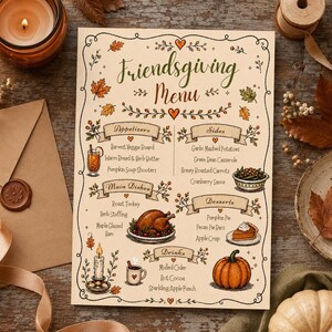 Könnte beinhalten: Eine Friendsgiving-Menükarte auf cremefarbenem Papier mit einem dekorativen Rand aus Herbstblättern und Herzen. Der Text listet Kategorien wie Appetizers, Sides, Main Dishes, Desserts und Drinks auf, ergänzt durch Illustrationen von Speisen, einem Kürbis und einer Kerze.
