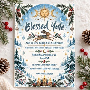 May include: A rectangular invitation card titled Blessed Yule featuring a central leaping rabbit, a sun and moon motif, and winter forest scenery. The text includes event details for a Pagan Yule celebration on Saturday, December 20 at 6:00 PM.