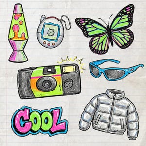 May include: A collection of hand-drawn illustrations on lined paper featuring a green and orange lava lamp, a digital pet device, a green and black butterfly, a black camera with a flash, blue sunglasses, a silver puffer jacket, and the word COOL.
