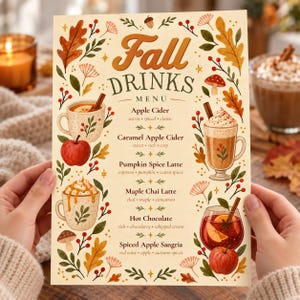 Könnte beinhalten: Eine cremefarbene Speisekarte mit der Überschrift Fall Drinks Menu, verziert mit Illustrationen von Herbstblättern, Beeren, Pilzen und Getränken wie Apfelwein, Kürbis-Gewürz-Latte, Ahorn-Chai-Latte, heißer Schokolade und Apfel-Sangria.