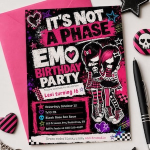 May include: A rectangular birthday party invitation card featuring black and pink colors with a distressed texture. The text reads IT'S NOT A PHASE EMO BIRTHDAY PARTY. It includes illustrations of two figures with black and pink hair and skull motifs.
