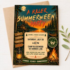 Slasher Summerween Party Invitation Template, Editable Canva Camp Halloween Invite, Horror Movie Lake Cabin Birthday Party