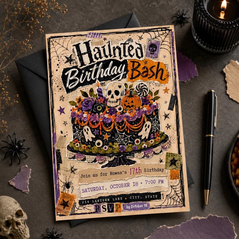 Halloween Birthday Invitation Template, Editable Canva Haunted Birthday ...