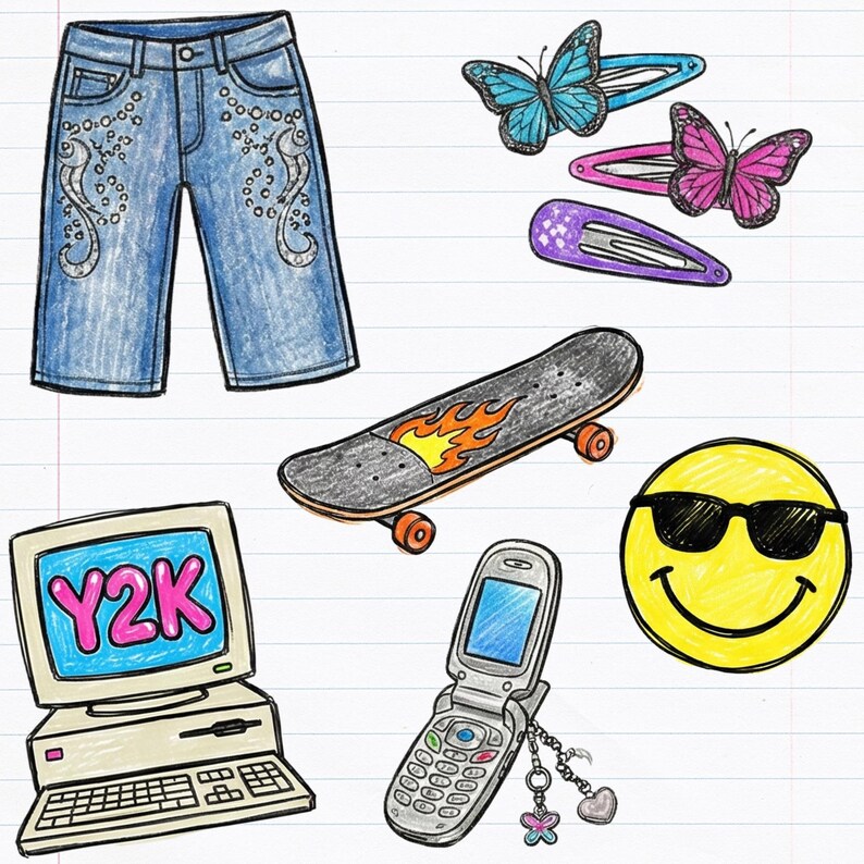 May include: A collection of hand-drawn illustrations featuring blue denim shorts with silver swirl patterns, three hair clips with butterfly and glitter designs, a skateboard with a flame graphic, a computer displaying Y2K, a flip phone, and a smiley face.