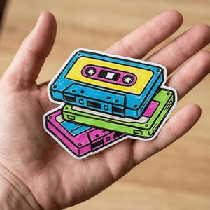 May include: A sticker featuring a stack of three illustrated cassette tapes in bright colors. The top tape is blue with a yellow center, the middle tape is green, and the bottom tape is pink. Each cassette has black outlines and details.