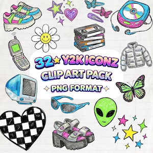 May include: A digital clip art collection featuring 32 Y2K icons including chunky sneakers, a flip phone, a daisy, a stack of VHS tapes, a CD player, a puffer jacket, a computer monitor, sunglasses, platform sandals, and an alien head.