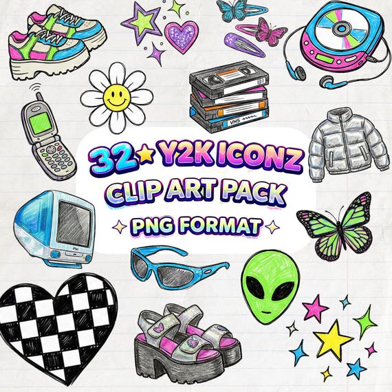 90s Y2K Clip Art Pack – Retro Hand Drawn PNG Icons – Nostalgic 2000s Graphics for Stickers, Scrapbooking & POD