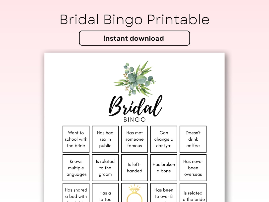 Bridal Bingo Game Printable Bridal Shower & Bachelorette Party Game 8.5