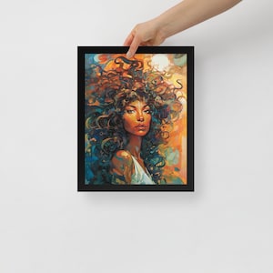 May include: A framed painting of a woman with long, curly brown hair. The woman is looking to the side and has a warm, golden glow around her. The background is a mix of blue, green, and orange colors.