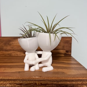 May include: Two white 3D printed planters shaped like figures sitting with their arms around each other. Each planter holds a small green air plant.
