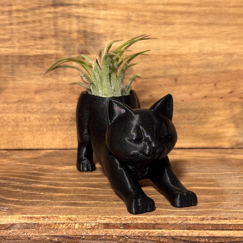 May include: A black cat-shaped planter holding a small air plant. The cat is in a stretching pose, with its front paws extended. The planter is made of a solid black material and sits on a wooden surface.