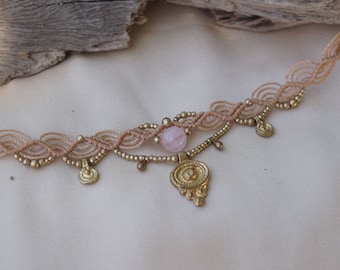 NATTAYA Necklace // Handmade Bohemian Rose Quartz healing stone choker necklace with Indian charms / boho hippie beach jewelry