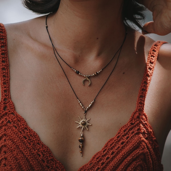CELESTE Necklace // Handmade crescent moon & sun healing stone necklace / Moonstone, Labradorite, Tiger's Eye / bohemian beach tropical