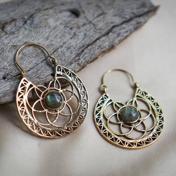 GAIA Earrings // Labradorite Moonstone flower of life Indian brass big hoop earrings / Bohemian beach tropical jewelry