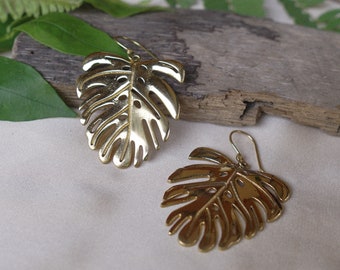 Monstera Leaf Earrings // Tropical brass big monstera leaf earrings / bohemian hippie beach boho jewelry / gift for her / plant lover