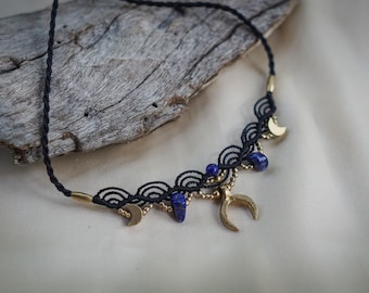AZURA Necklace Lapis Lazuli // Handmade macrame crescent moon healing stone choker necklace / bohemian beach tropical jewelry