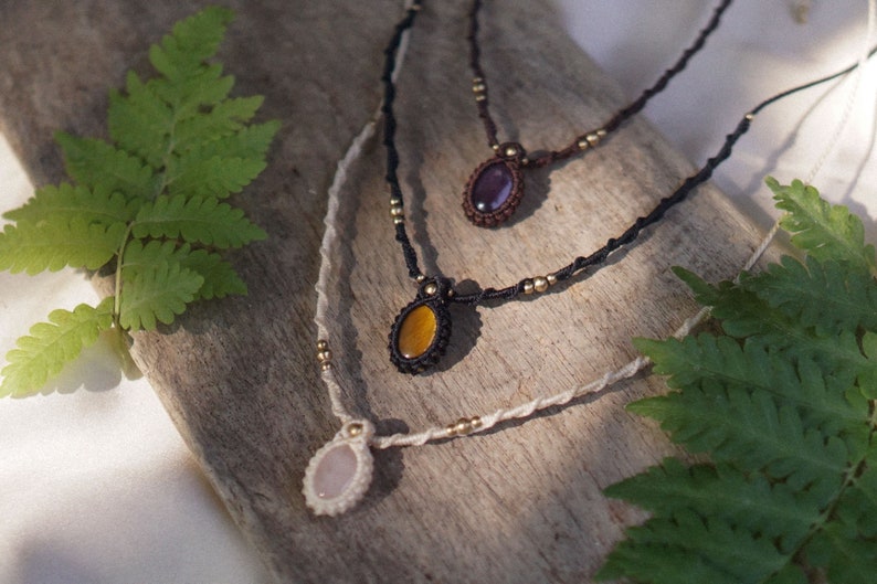 handmade macrame necklace with tigers eye, amethyst or rose quartz natural stone, boho bohemian hippie style jewelry