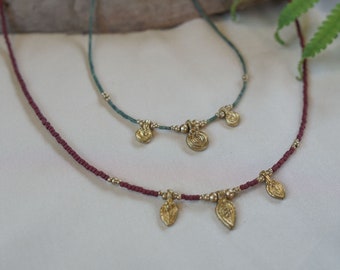TARA Necklace // Handmade Heishi bead Jade healing stone necklace with Indian brass charms / bohemian beach tropical surfer hippie jewelry