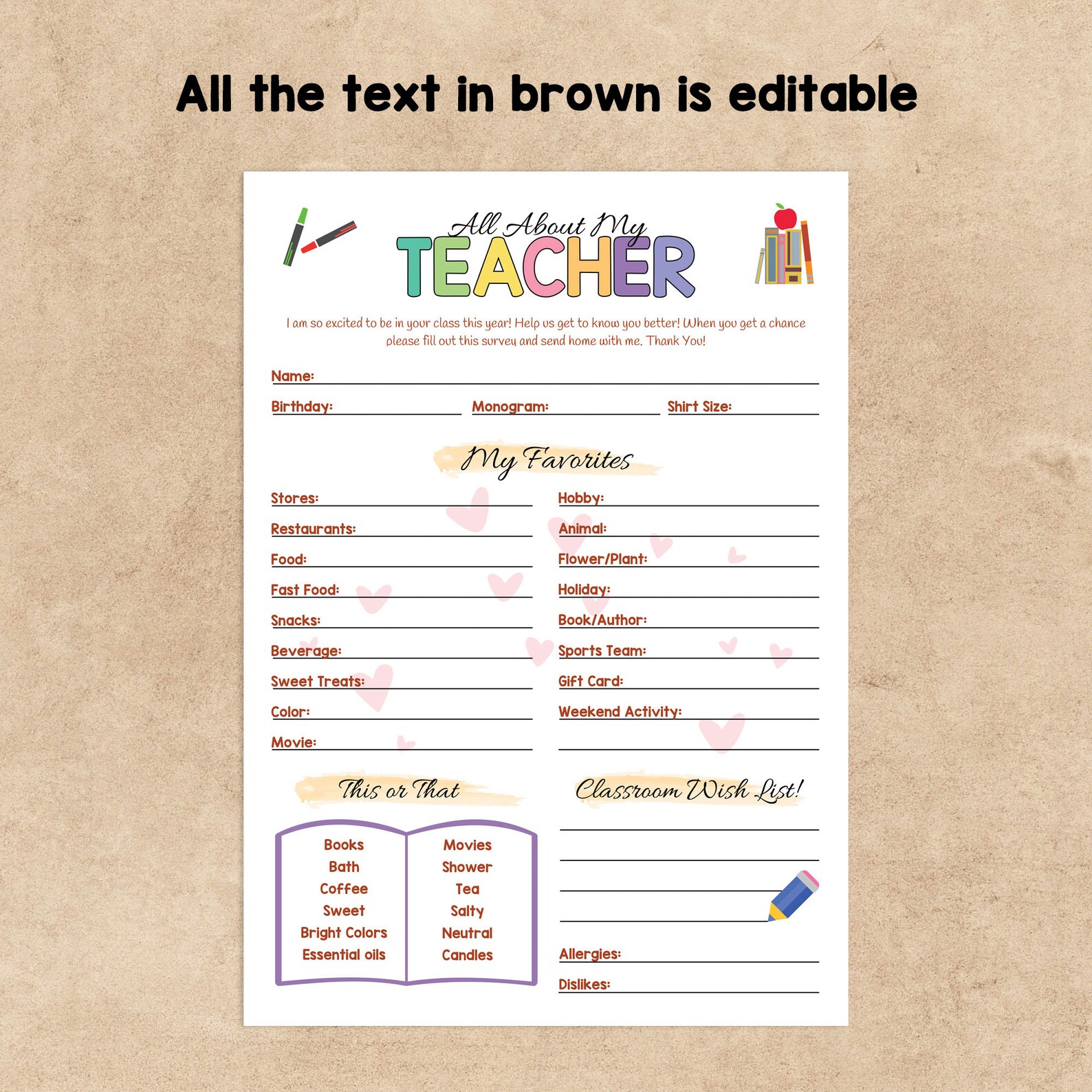 Editable All About My Teacher Survey Get to Know Teacher Printable ...