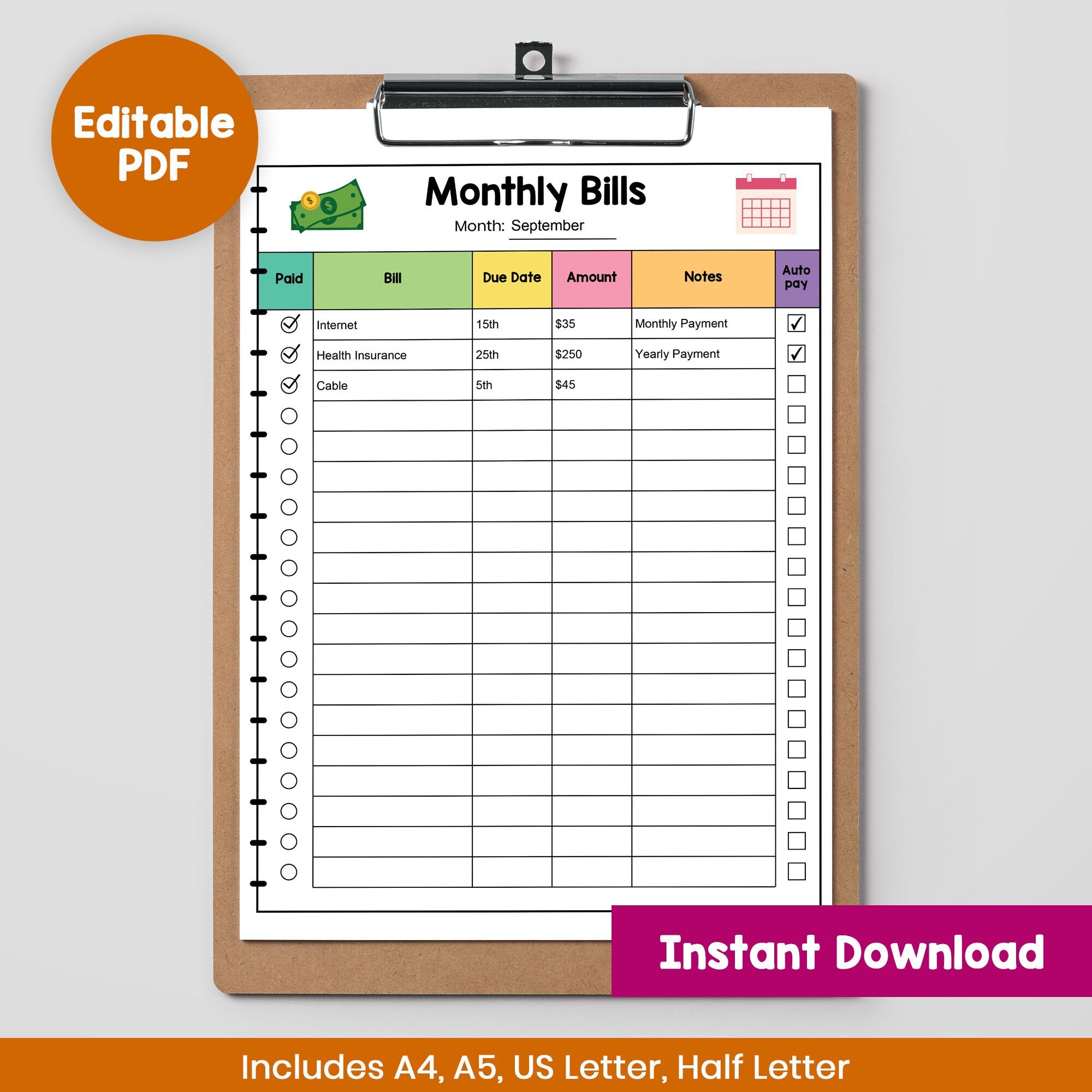 Editable Monthly Bill Tracker Bill Planner Monthly Bill Etsy