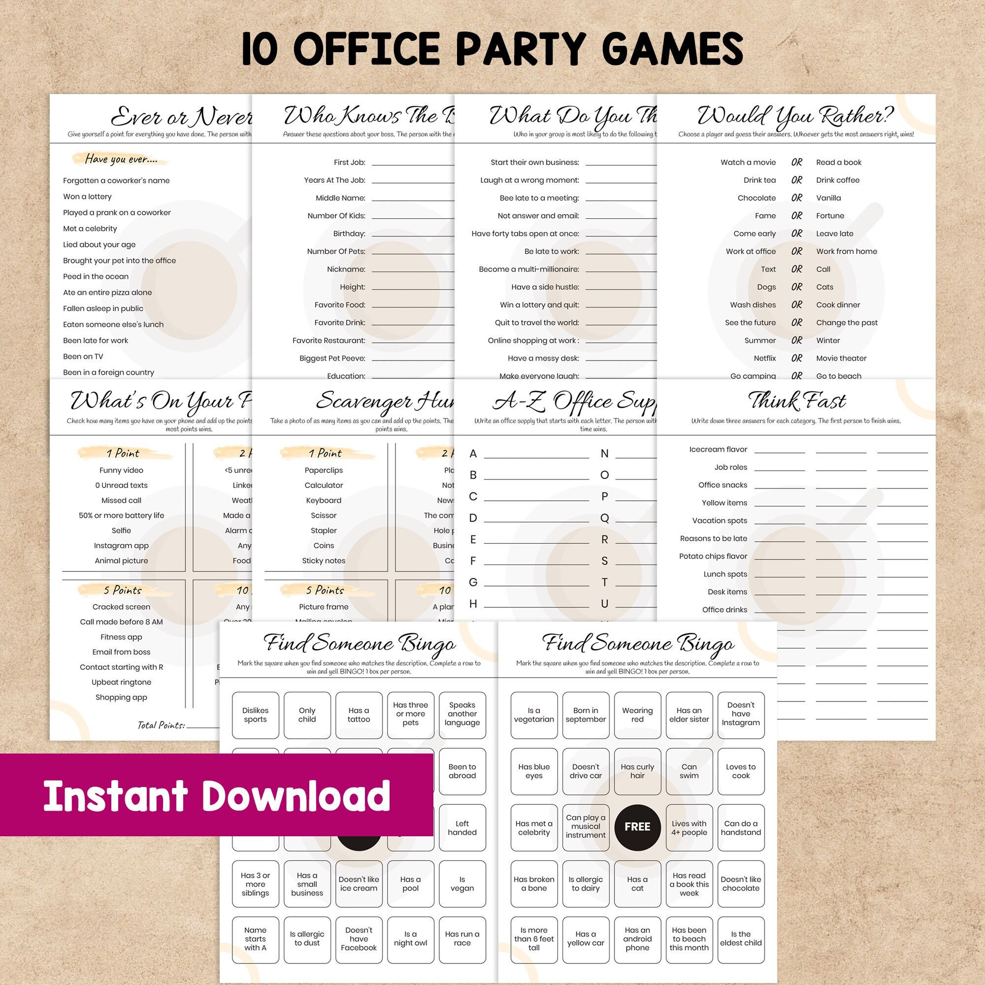 Printable Office Party Games Team Building Games Staff Etsy