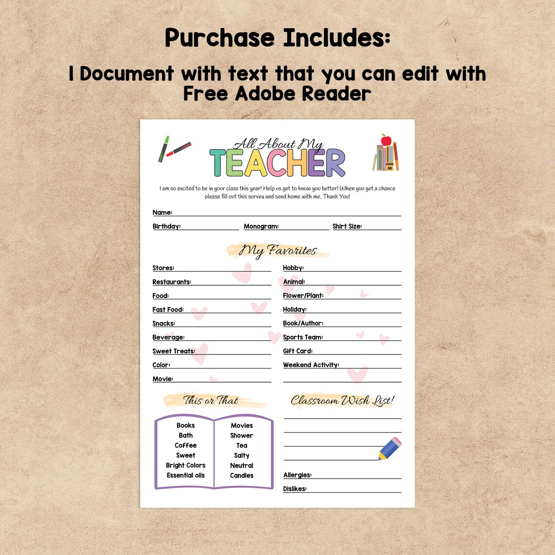 Editable All About My Teacher Survey Get to Know Teacher Printable ...