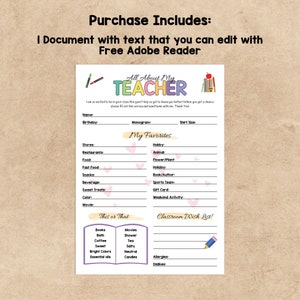 Editable All About My Teacher Survey Get to Know Teacher Printable ...