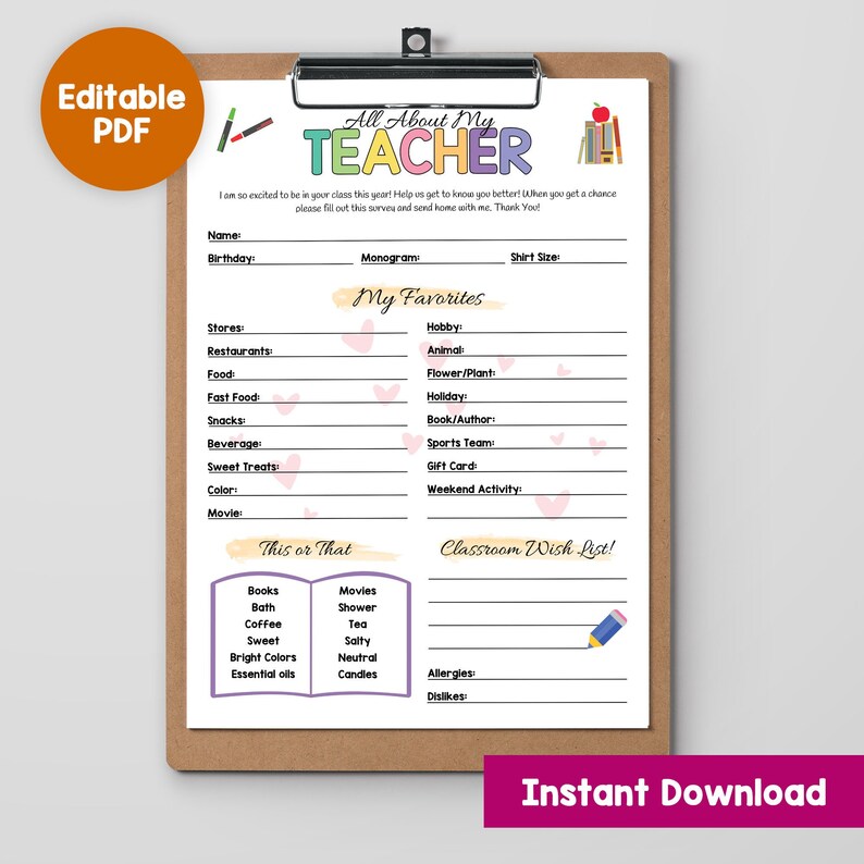 Editable All About My Teacher Survey Get to Know Teacher Printable ...