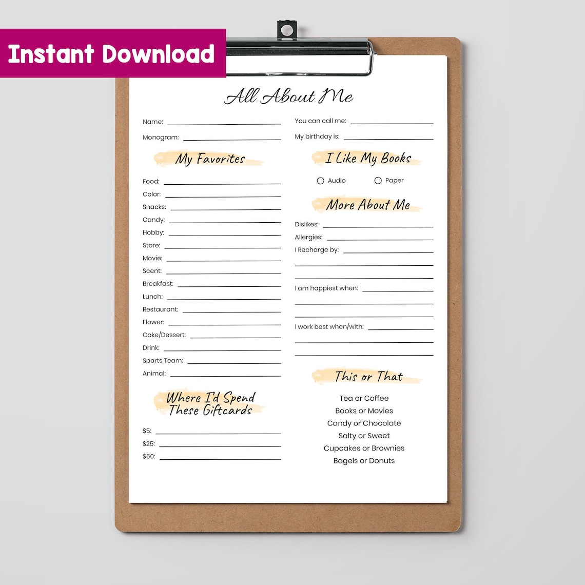 Printable All About Me Co-worker Questions Employee - Etsy
