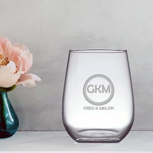 Circle Monogram Personalised Engraved Wine/Stemless Wine Glass, Corporate Gifts, Office Gifts, Employee Gifts, Boss Gifts, Client Gifts