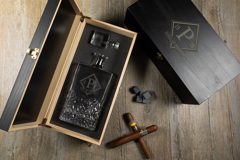 Personalised Diamond Monogram Icy Spirits Decanter in a Black Wooden Gift Box, Gifts for Him, Gifts for Husband, Boyfriend Gift, Man Gifts image 1