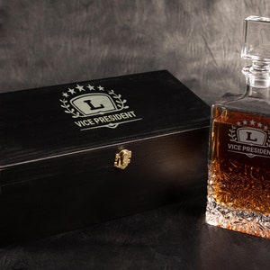 The Senator Monogram Engraved Icy Whiskey Decanter in a Black Wooden Gift, Corporate Gifts, Office Gifts, Employee Gifts, Boss Gifts, Client