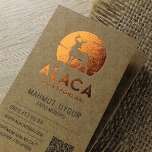 Tarjetas de presentación, papel kraft de fantasía, tarjetas de presentación premium, trigromía, papel negro, impresión dorada, enlucido dúplex, diseño personalizado