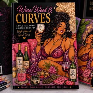 Könnte beinhalten: Ein Malbuch mit dem Titel "Wine, Weed & Curves" mit einer Illustration einer Frau, die ein Weinglas hält und raucht. Das Buch ist von Weinflaschen, Trauben und anderen Gegenständen umgeben. Der Text auf dem Cover lautet: "Ein kühnes und entspannendes Malbuch für High Vibes & Good Times."