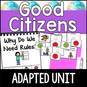 Könnte beinhalten: Lehrmittel mit dem Titel "Good Citizens" mit dem Text "Why Do We Need Rules?" und "Adapted Unit". Enthält Illustrationen von Kindern, Karten mit der Aufschrift "Ursache" und "Wirkung" sowie eine Sortieraktivität der Stufe 2. Der Hintergrund zeigt Globen.
