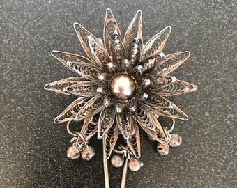 Vintage hand made floral filigree hair pin - possibly silver