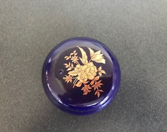 Cobalt blue ceramic trinket box with gold floral design - Made in Taiwan