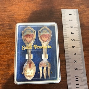 Old miniature silver plated fork and spoon set in box - Kata Arjuna souvenir