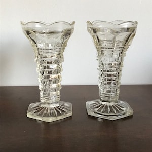 Vintage Pair of Depressed / Pressed Glass Vases - King crystal