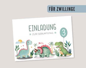 Zwillinge Einladungskarten Dino blau, Kindergeburtstag, Karten-Set zum Ausfüllen, verschiedene Stückzahlen, personalisierbar mit Geburtstag