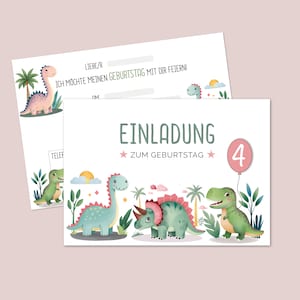 Dinosaurier Einladung rosa,  Kindergeburtstag, Karten-Set zum Ausfüllen, 4, 6, 8, 10, 12 oder 16 Einladungskarten