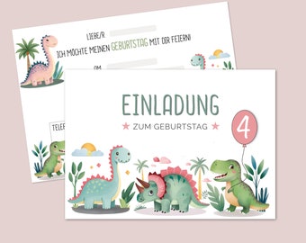 Dinosaurier Einladung rosa,  Kindergeburtstag, Karten-Set zum Ausfüllen, 4, 6, 8, 10, 12 oder 16 Einladungskarten