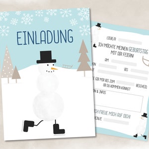 Winter Einladungskarten für den Kindergeburtstag, Schneemann Karten-Set zum Ausfüllen, 4, 6, 8, 10 oder 12 Karten Schlittschuh laufen