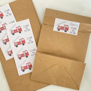 Geschenktüten für Kindergeburtstag Gäste, Feuerwehr Party, Kraftpapiertüte mit Aufkleber