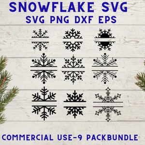 Silhouette DXF Split Snowflake Svg Cut File for Cricut Snowflake Monogram SVG Bundle PNG Snowflake Frame Svg Christmas Name Frame Svg